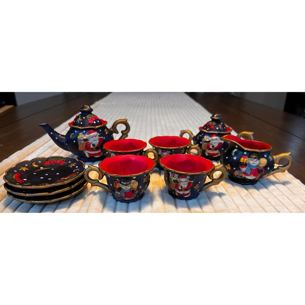 Rare Vintage Christmas Tea Set Miniature Santa Snowman Teapot Cups Saucers